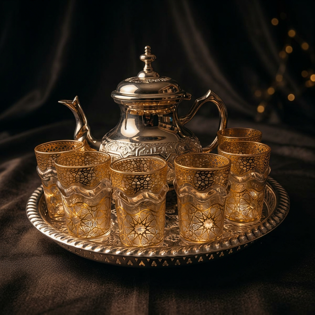 Silver Teapot with Gilded Tea Glasses on Engraved Tray