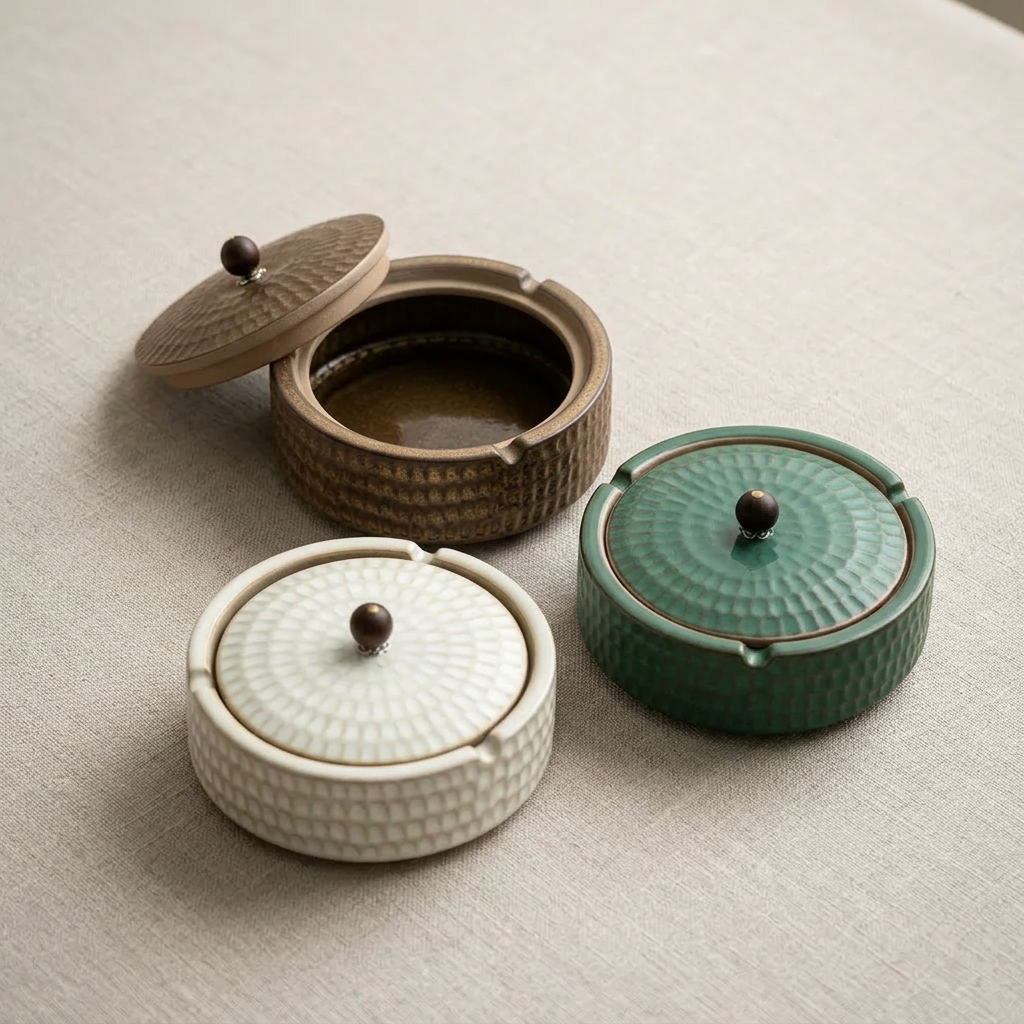 Basket-Weave Stoneware Ashtray Trio