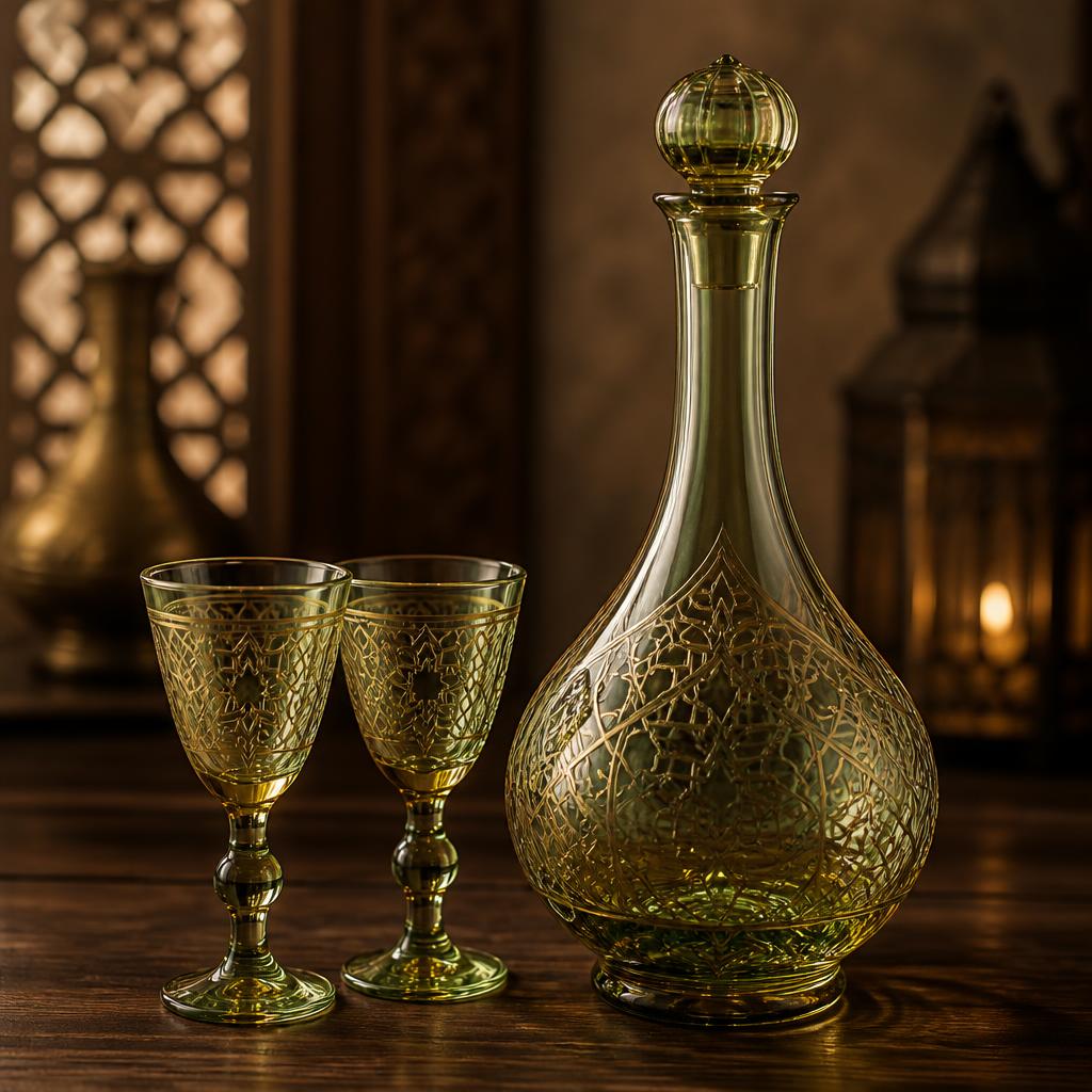Damascene Engraved Glass Decanter Set
