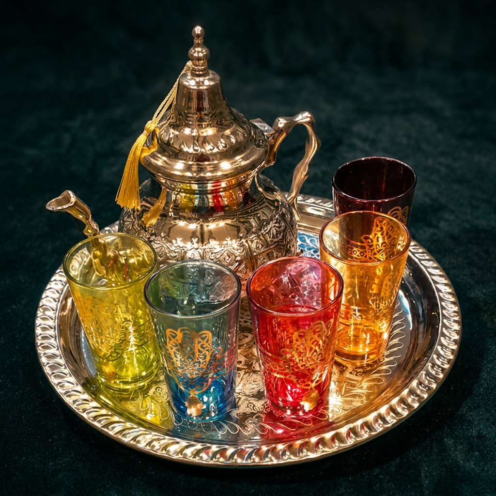 Rainbow Tea Glasses with Silver Teapot on Tray