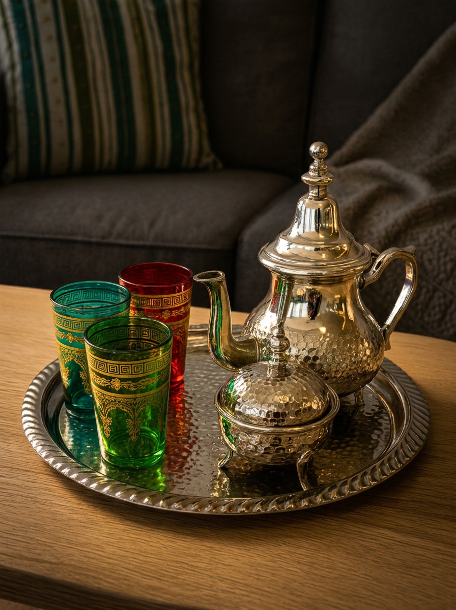 Silver Teapot with Emerald & Ruby Tea Glasses