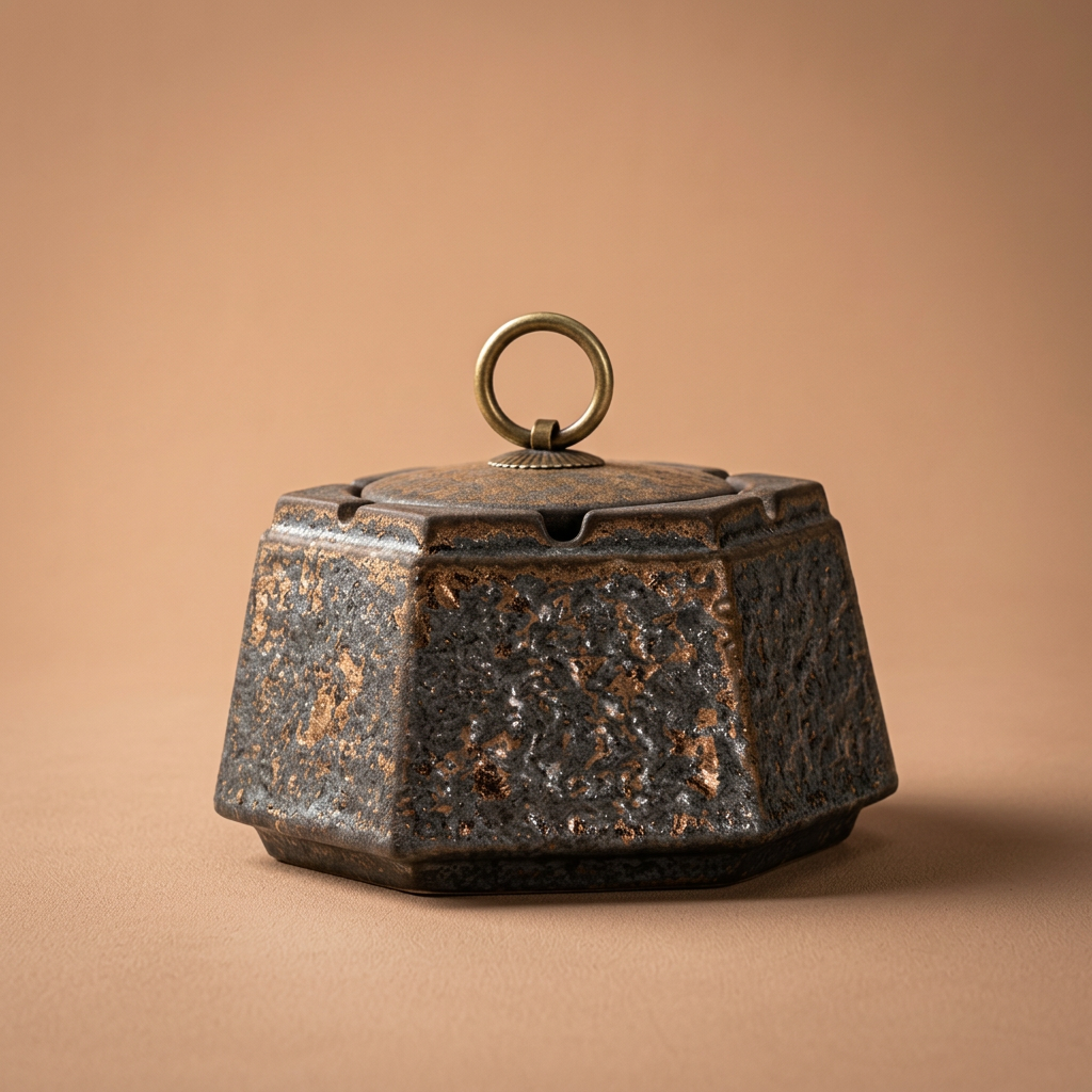 Stone-Glazed Lidded Ashtray with Brass Ring