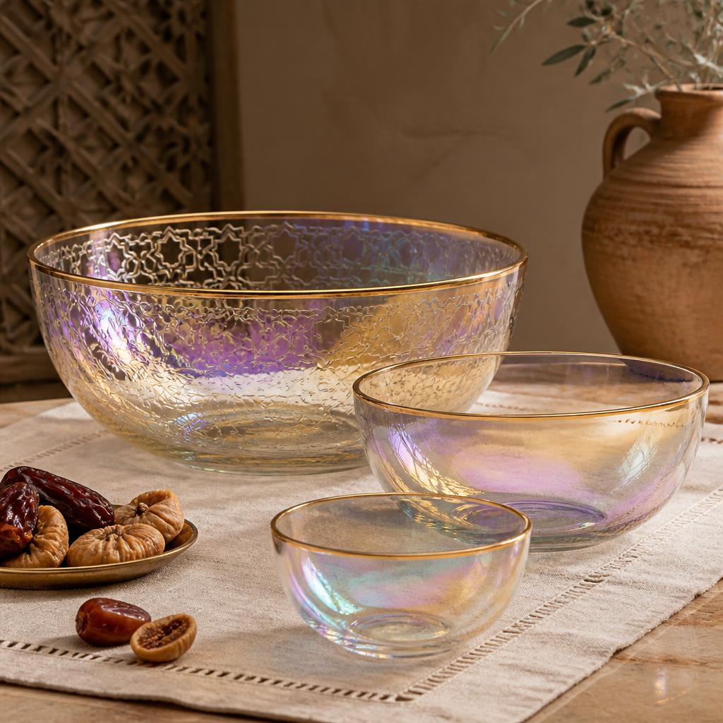 Iridescent Gold-Rimmed Serving Bowls