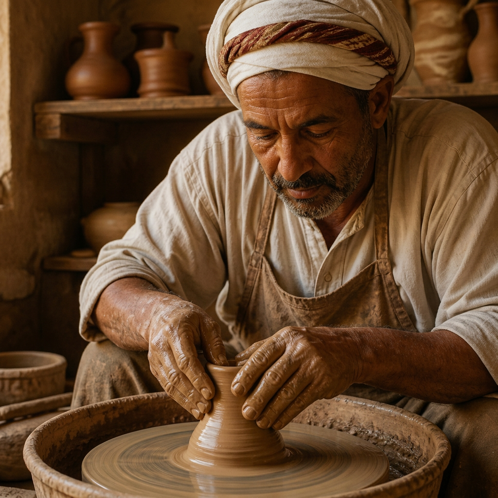 Arab artisan shaping clay on a pottery wheel