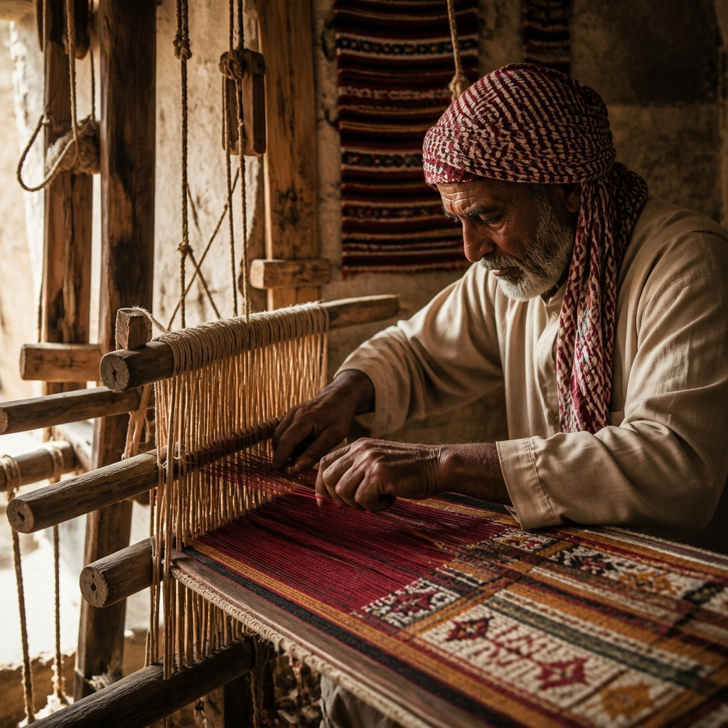 Arab weaver working at a traditional wooden loom