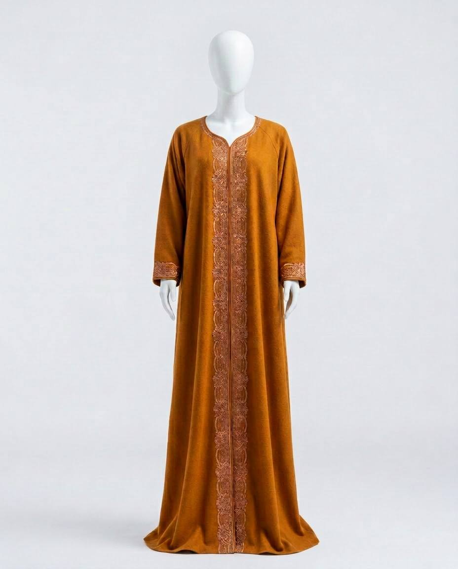Ochre Wool Kaftan with Copper Thread