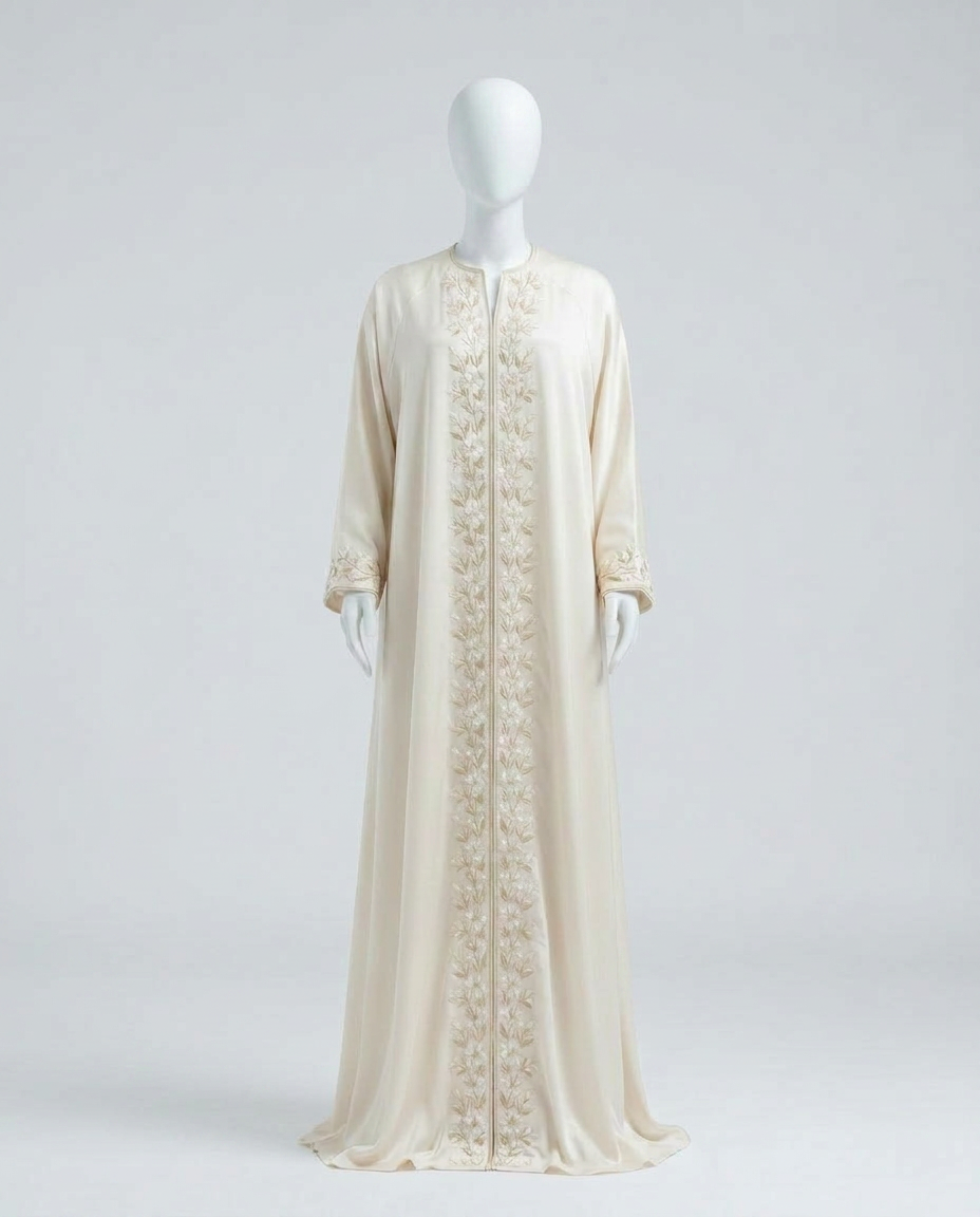 Jasmine-Embroidered Ivory Kaftan