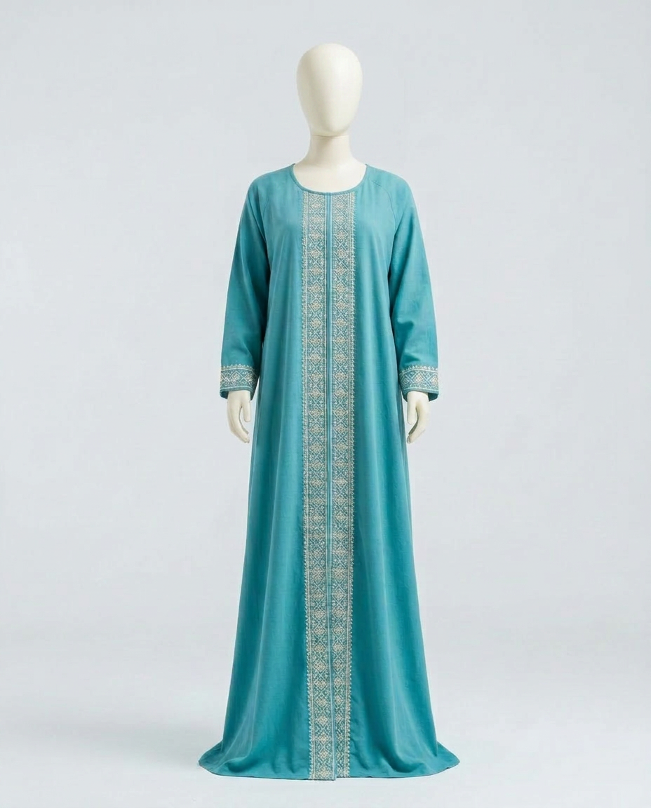 White Cotton Kaftan with Turquoise Cross-Stitch