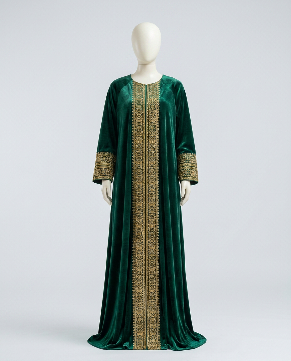 Emerald Velvet Kaftan with Gold Embroidery