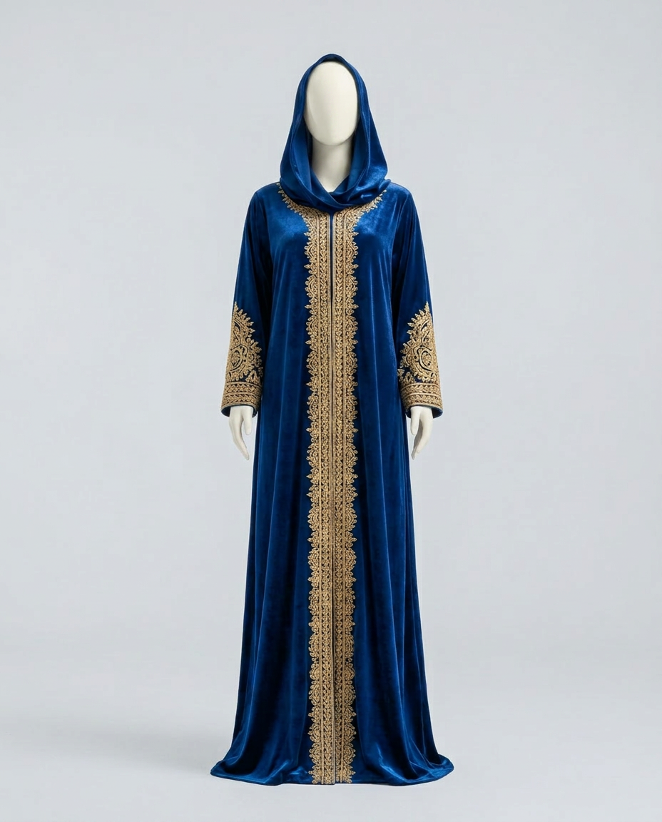 Sapphire Velvet Pearl-Trimmed Abaya