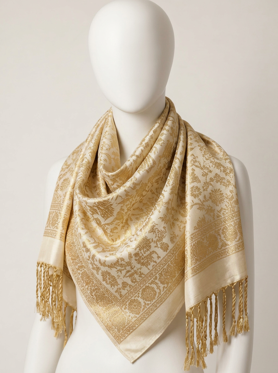 Ivory Cedar Silk Brocade Scarf